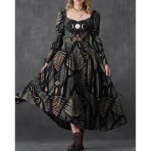 Dark Fern In The Moon Night Cottagecore Maxi Dress with Long Sleeves and Leaf Print for Women