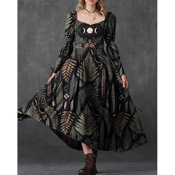 Dark Fern In The Moon Night Cottagecore Maxi Dress with Long Sleeves and  Leaf Print for Women - TikTok Shop