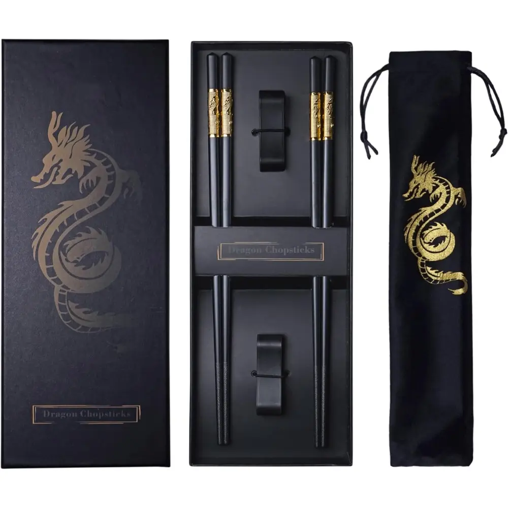 9.6" Long Food-Grade Fiberglass & Premium Alloy Reusable Chopsticks Set (2 Pairs), Golden Dragon Design Traditional Chinese Cutlery with Holder, Gift Bag, Elegant Box, Dishwasher Safe Tableware for Housewarmings, Corporate Gifts, Two Pairs