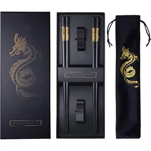 Golden Dragon Chopsticks Set-Premium Alloy Metal Reusable Chopsticks With Holder and Gift Bag, Traditional Chinese Design, Dishwasher Safe, in Elegant Gift Box (2 Pairs)