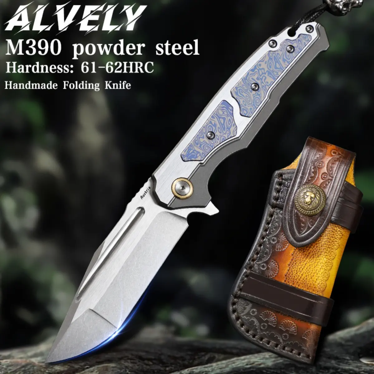 ALVELY High-Quality M390 Steel Folding Knife - 3.5in High-Hardness Blade Tactical Knife for Men, 420Z2 Stainless Steel Handle with TC4 Titanium Alloy Inlay, Brushed Effect, Cowhide Scabbard, Ideal for Camping, EDC, Knives