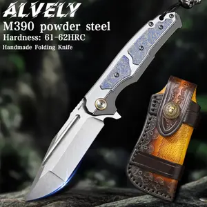 ALVELY high quality M390 steel folding knife, 3.5 inch high hardness blade men's tactical knife, with cowhide scabbard, brushed effect, 420Z2 stainless steel handle, inlaid with TC4 titanium alloy decoration, suitable for camping, gift giving, EDC