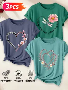 3pcs Women's Crew Neck T-Shirt, Heart & Daisy & Dragonfly Print, Multiple Colors Available, Machine Washable, Spring & Summer Top, Soft Skin-Friendly Fabric, Daily Versatile, Fashion Design