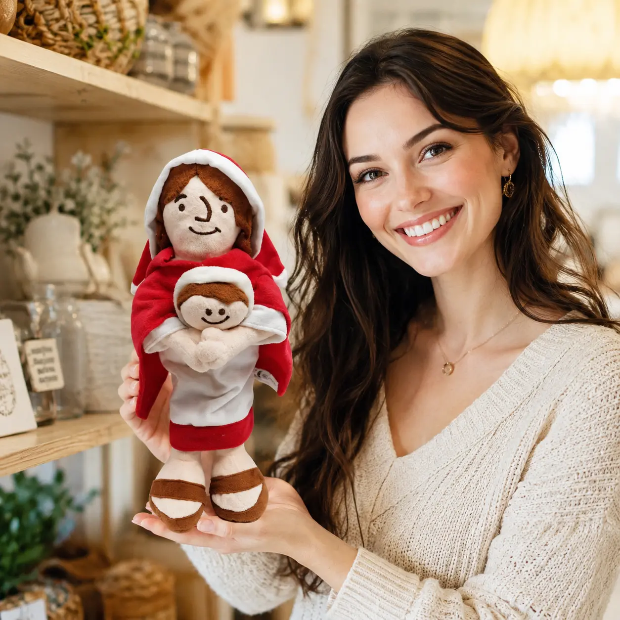 Mother & Baby Jesus Plush Doll – Soft Religious Nativity Figure, Red Hooded Christian Faith Decor for Christmas Display & Church Gift