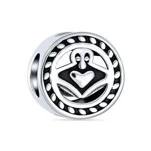 .925 Sterling Silver BFF Friendship Irish Celtic Claddagh Bead Charm Oxidized for Bracelet
