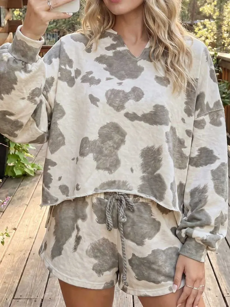 Women’s Western Cow Print Two Piece ShorFashion, Womenswear, Clothes, Grey, Style, Suitsts Set, Raw Edge V-Neck Long Sleeve Pullover Top and Drawstring Waist Shorts, Relaxed Fit Casual Outfit for Travel, Weekends,Lounging and Everyday Wear Fashion Clothes
