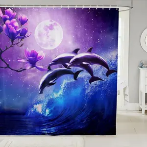 Galaxy Dolphin Shower Curtain,Coastal Ocean Waves Bath Curtain, Purple Cherry Blossoms Sea Animal Bathroom Curtain,Moon Sky Starry Curtain Sets