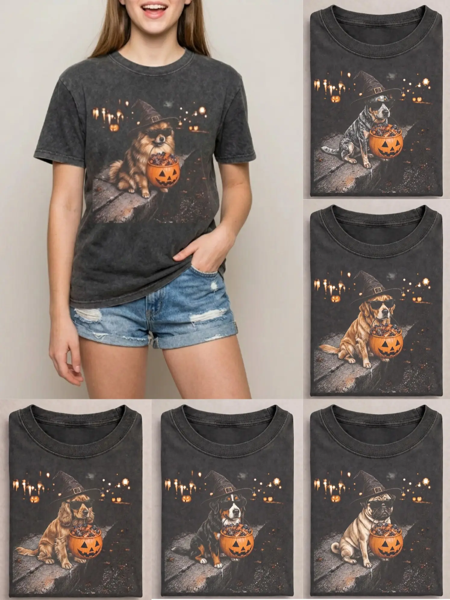 Comfort Colors Retro Halloween Dog Graphic T-Shirt, Comfortable Unisex Oversized Short Sleeve Cotton Tops for Pet Lovers, Retro Vintage, Digital Print, Casual, Crew Neck, Premium Cotton, Loose-Fit