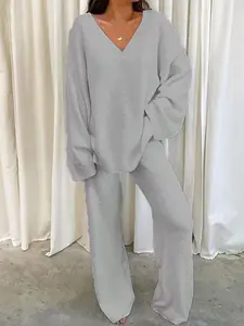 Winter Comfortable Solid Color V Neck Casual Two-Piece Set Outfit, Women's Long Sleeve Knitted Top & Pants, Fall Fashion, Womenswear