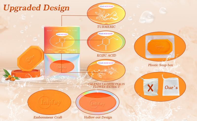 Inlifay New Turmeric Kojic Acid Soap:Dark Spot Remover For Face and body - Two Color Big bars with Pure Natural Kojic Acid and Retinol (160g, 2 Bars) Orange- New upgraded model Body Care Body Wash