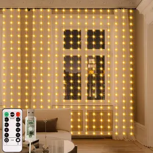 Curtain Lights Warm White LED Curtain Lights USB Powered 8 Modes Hooks Outdoor Curtain String Lights Waterproof for Backdrop, Patio,Wedding, Bedroom Decoration (8Ft x 6Ft)