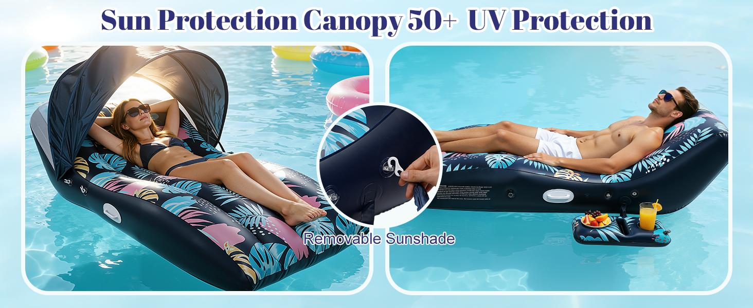 Pool Floats Lounger with UPF50+ Canopy Adjustable Inflatable Large Floating Chair Ergonomic Design with Cup Holders Perfect for Swimming Pool Beach Lake Party Dark Blue