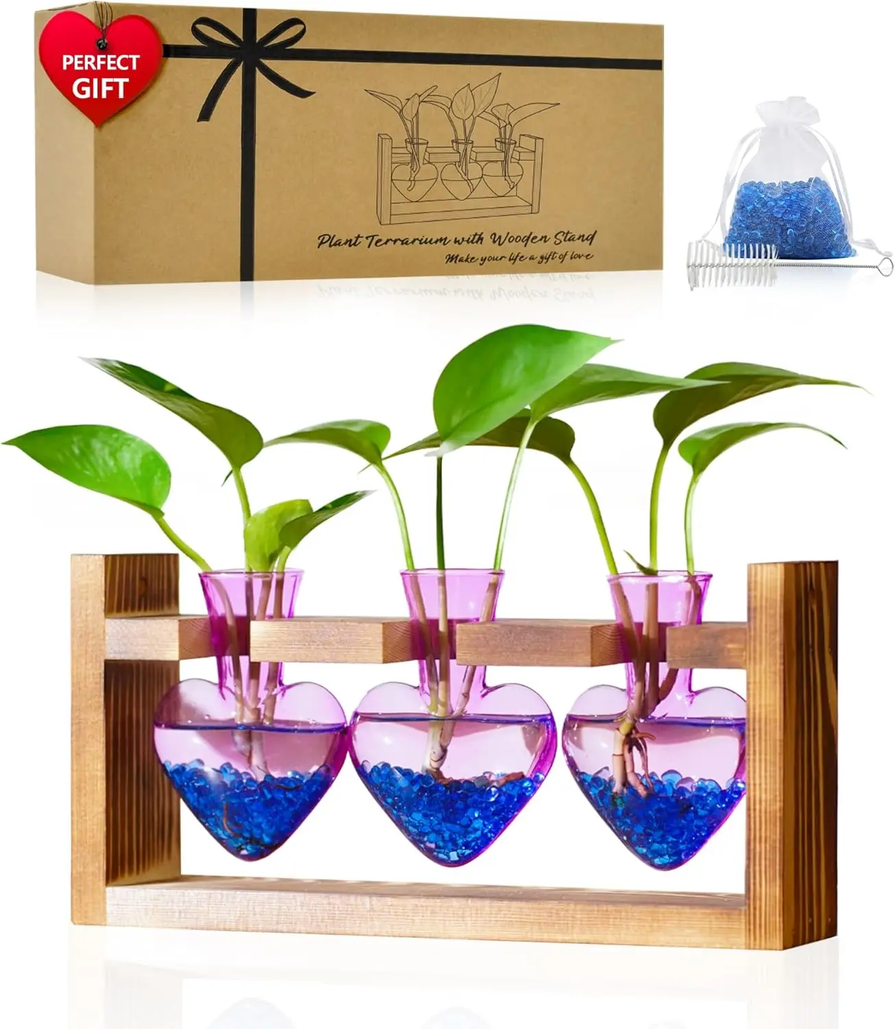 Terrarium for Office Decor: Birthday Gifts for  Lovers Women Mom Wife - Wooden Stand Tabletop Planter 3 Bulb Glass Vase Heart Shaped for Hydroponics Indoor Home(Purple)