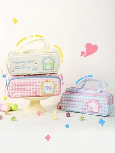 Rumilife House Pattern Pen Bag Healing Hut Gingham Pencil Case - Cute Pastel Portable Stationery Bag