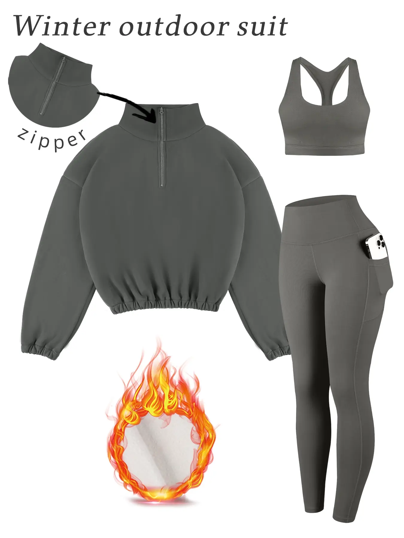 Women's Fall Winter Sports Set, Plain Color Bra Top, Casual Loose Fit Tracksuit, Sweatsuit With Pockets, Long Sleeve Fleece Sweatshirt, Thick Fabric