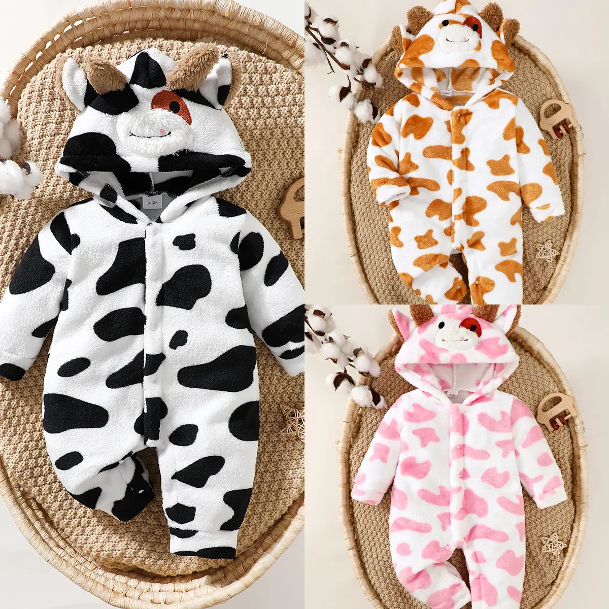 Ready Stock 1-18m Baby's Cute Milk Cow Pattern Romper,Long Sleeve Hooded Single Breasted Design Bodysuit For Fall Winter 12405065 Toddler Outfit baby
