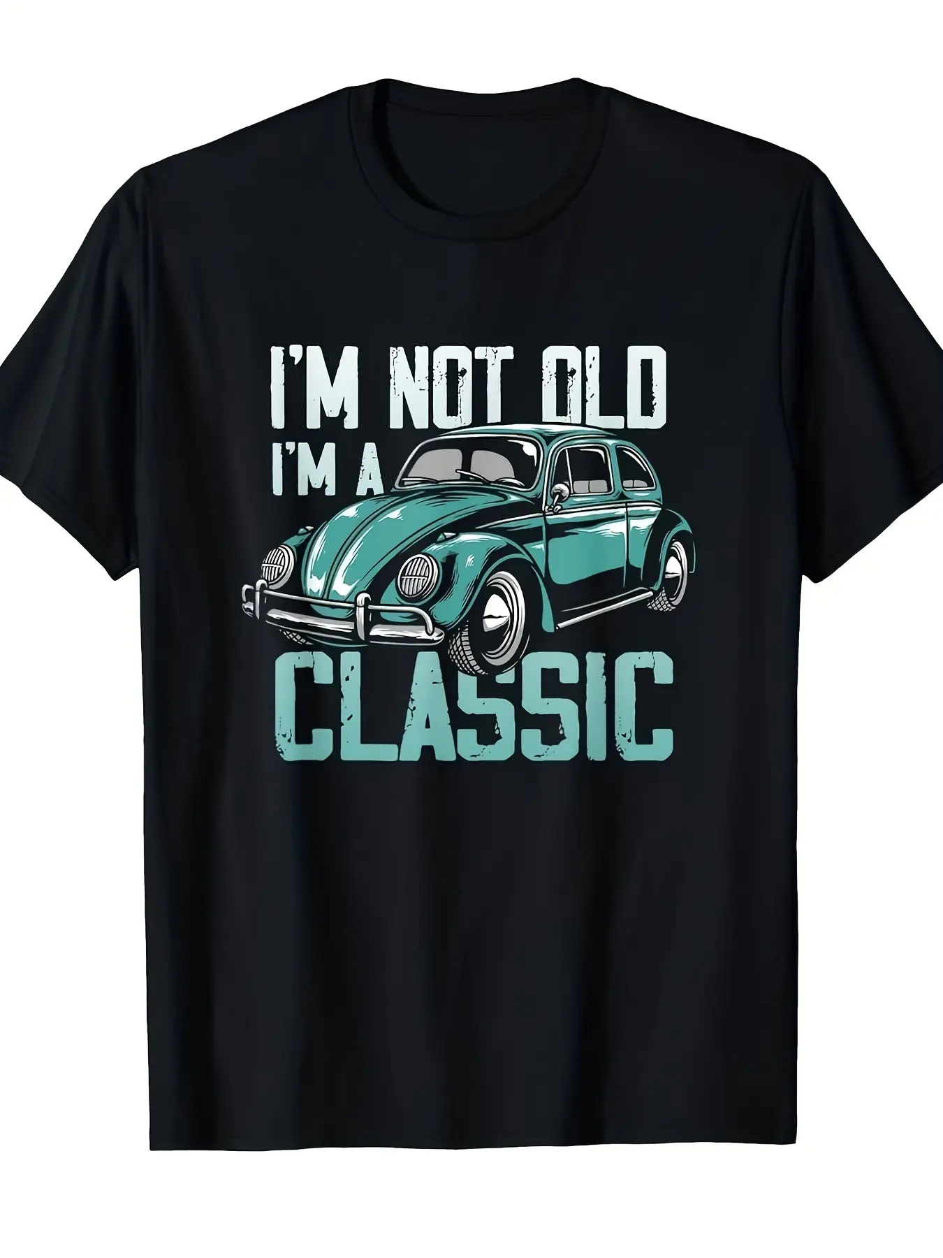 Men's Vintage 1960s Muscle Car T-Shirt - Retro "I'm Not Old I'm a Classic" Graphic Tee with Teal Print, Soft Breathable Short Sleeve Round Neck Casual Shirt Suitable for Car & Casual Attire, Classic Auto Apparel