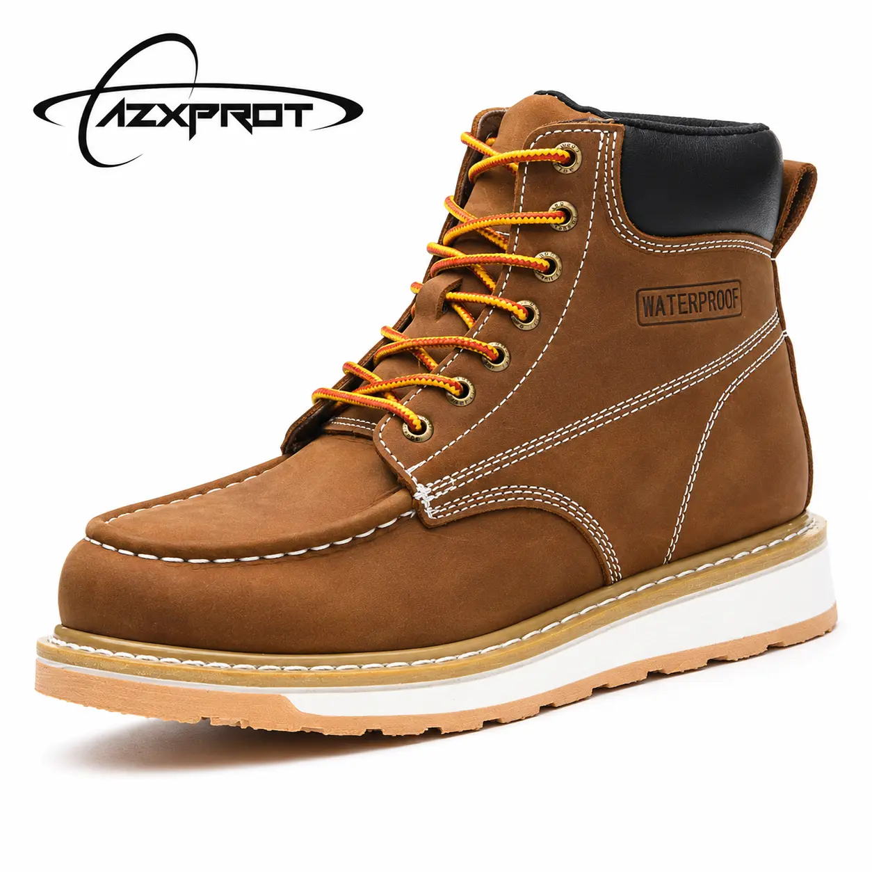 AZXPROT Men's 6-Inch Moc Toe Full Grain Leather Work Boots, Waterproof Breathable Footwear for Gardening with Lightweight Wedge Rubber Sole & Foam Arch Support, True Size, Work & Hike, Round Toe, Farming