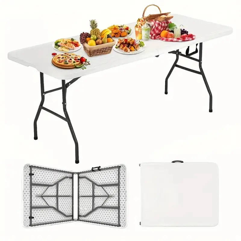 8Ft Foldable Plastic Portable Table with Handle & Lock - Heavy Duty, Waterproof Top, Pre-Assembled Fully Assembled for Camping, Party - White