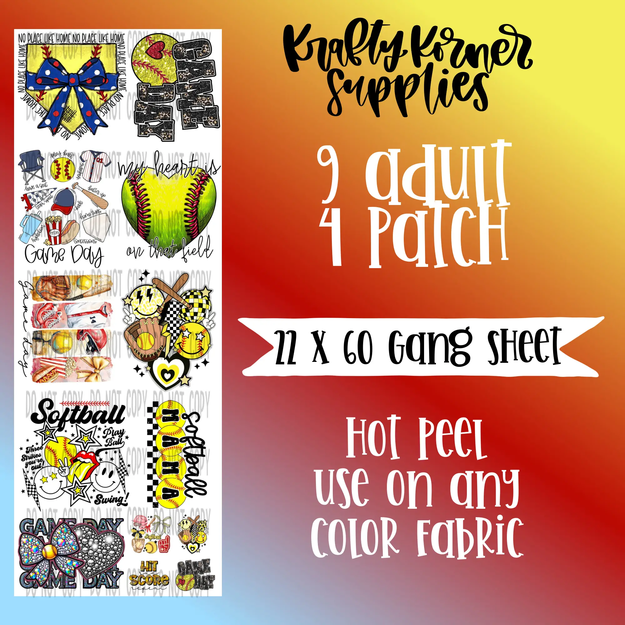 Softball DTF Transfer Gang Sheet, 22 x 60