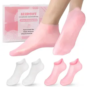2 Pairs Silicone Moisturizing Socks for Dry Cracked Feet Women, Soft Gel Pedicure Foot Spa Aloe Socks, Anti-Slip Moisturizer Socks for Dry Cracked Feet Overnight Foot Care Pink&White Womenswear Comfort Basic Minimalist