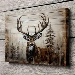 1pc Framed Canvas Painting - Rustic Wooden Wall Art with Stag Deer Head, Antlers & Forest Scene, Modern Farmhouse Decor, Ready-to-Hang Nature-Themed Painting for Living Room, Cabin, Office - Indoor/Outdoor Hanging Decoration (15.7x23.6 Inches / 39.88