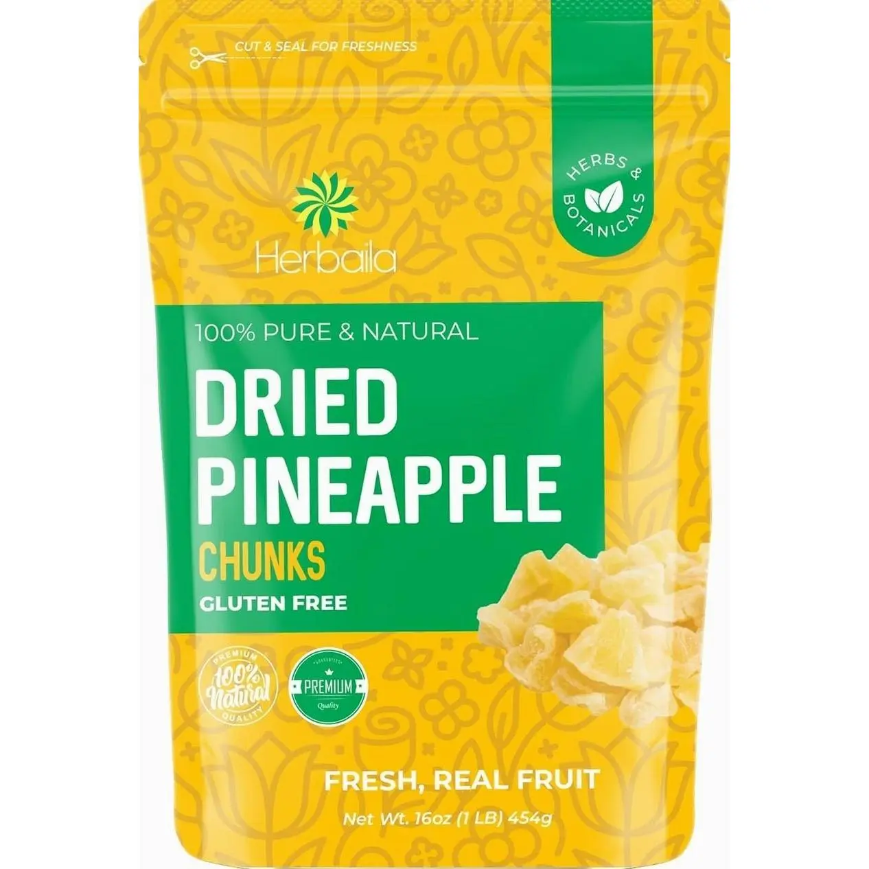 Herbaila Dried Pineapple Chunks, 1 Pound. Dehydrated Pineapple Chunk, Dehydrated Pineapple Bulk, Dried Pineapple Bits. All Natural, Non-GMO, Lightly Sweetened Dried Pineapples, 16 oz.