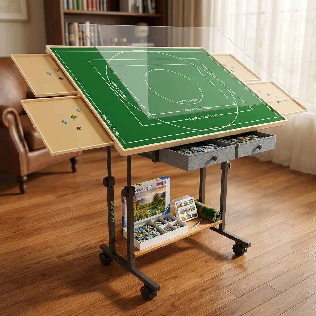 BACEKOLL Mobile Rolling Puzzle Table for Adults - Adjustable Tilting Board, Storage Drawers, Protective Cover, Fits 1500-2000 Pieces