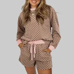 Women’s Viral Checkerboard 2-Piece Set, Long Sleeve Pullover Top & Drawstring Shorts with Pink Trim, Casual Fall Outfit Loungewear, Cozy Comfy Matching Set for Everyday & Streetwear, Two Piece Set 2026SS Outfits