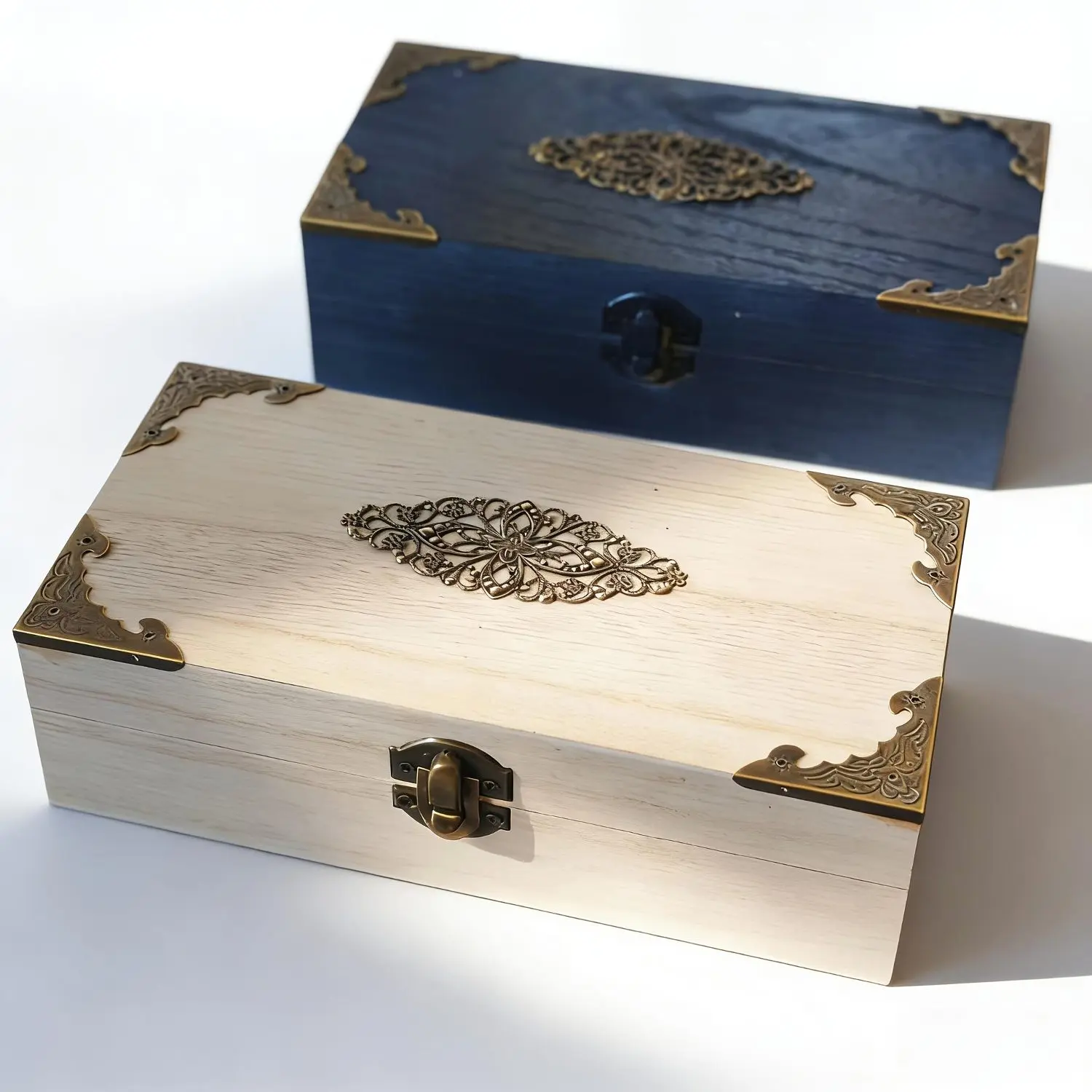 Vintage Wooden Jewelry Box with Bronze Floral Design | Safe Lock, Ideal for Small Jewelry Storage, Size 7.87*3.94inch - KIKOWHY