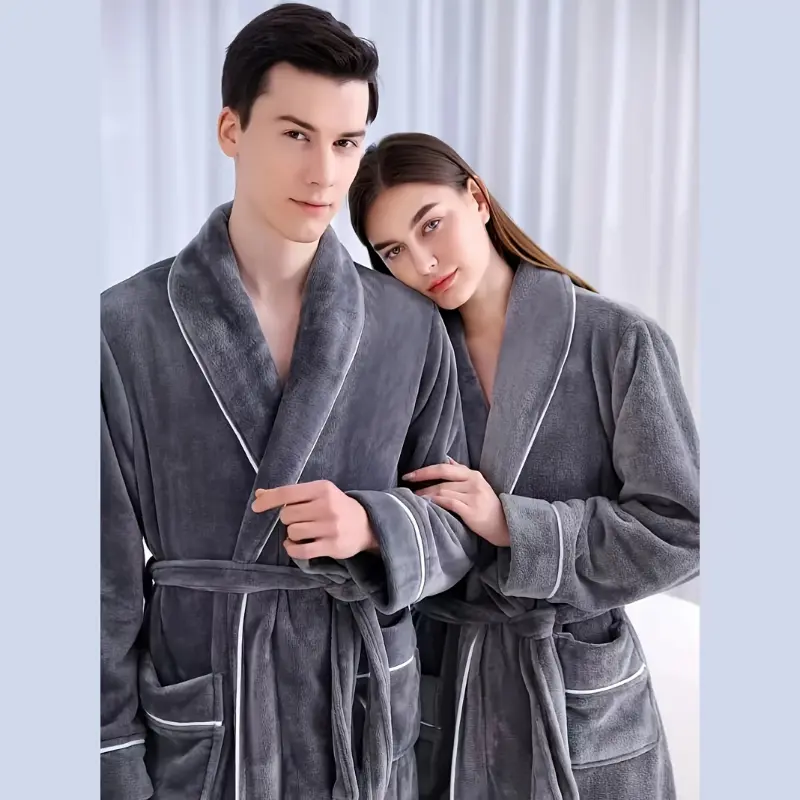 Unisex Plaid Bath Robe 2024, Long Soft Comfortable Home Hotel Robe, Modern Style, Machine Washable, No Dry Clean, 300g/㎡ Knitted Fabric, Polyester Fiber, Bath Towel Theme Grey Fleece