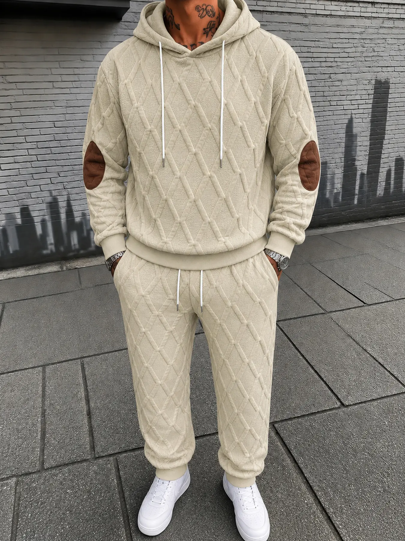 Men's Casual 2 Piece Hoodie Set, Textured Pullover Sweatshirt and Jogger Pants, Beige Matching Tracksuit with Elbow Patch, Cozy Streetwear Outfit for Men