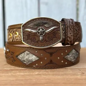 Light Brown “Long Horn” Western Style Leather Belt for Men | Handcrafted in Mexico
