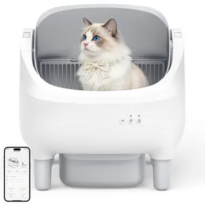 Automatic Self-Cleaning Cat Litter Box, 95L Large Capacity for Multiple Cats, App Control & Safety Protection, Includes 2 Roll Garbage Bags, White & Grey
