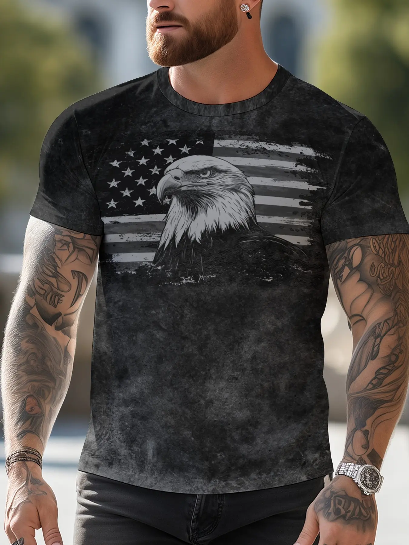 American Eagle Print Short Sleeve T-Shirt, Men's Round Neck Casual Top, Vintage Distressed Style Fashion Male Clothing