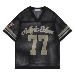 Aelfric Eden Vintage Jersey V-Neck Mesh Oversized Sporty Shirt Unisex Loose-Fit Number Graphic Streetwear Breathable Black Short Sleeve Top