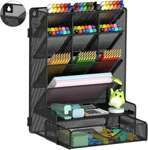 Pen Organizer for Desk, Multi-Functional Desk Organizer, Wall Mount Pen Holder with Drawer for School, Office, Home, Art Supplies, Black