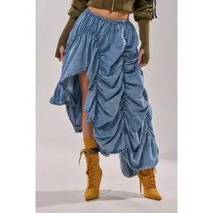 LETS CHANGE IT UP RUCHED MIDI SKIRT IN CHAMBRAY