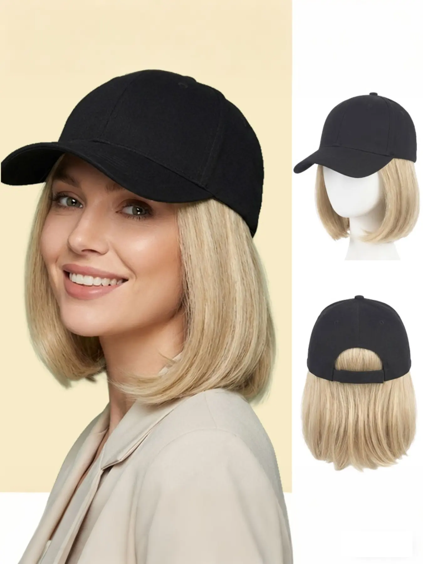 Baseball Cap with Short Straight Bob Style Wig, M Cap Wigs, Synthetic Hair, Heat Resistant Synthetic Fiber, Adjustable Hat, Easy Styling, Multiple Colors, Outdoor Sports & Daily Wear