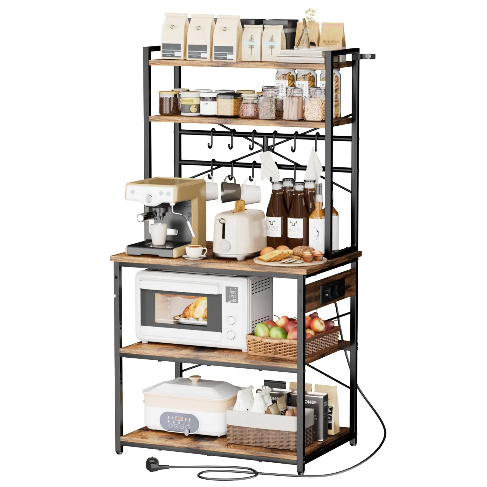 Kitchen Bakers Rack, 5 Ft Power Cable Bakers Rack With Power Outlet, Kitchen Stand With X-Shaped Support Bar, 12 S-Shaped Hooks, Coffee Bar Stand For Dishes, Spice Bottles, Built-In Power Strip