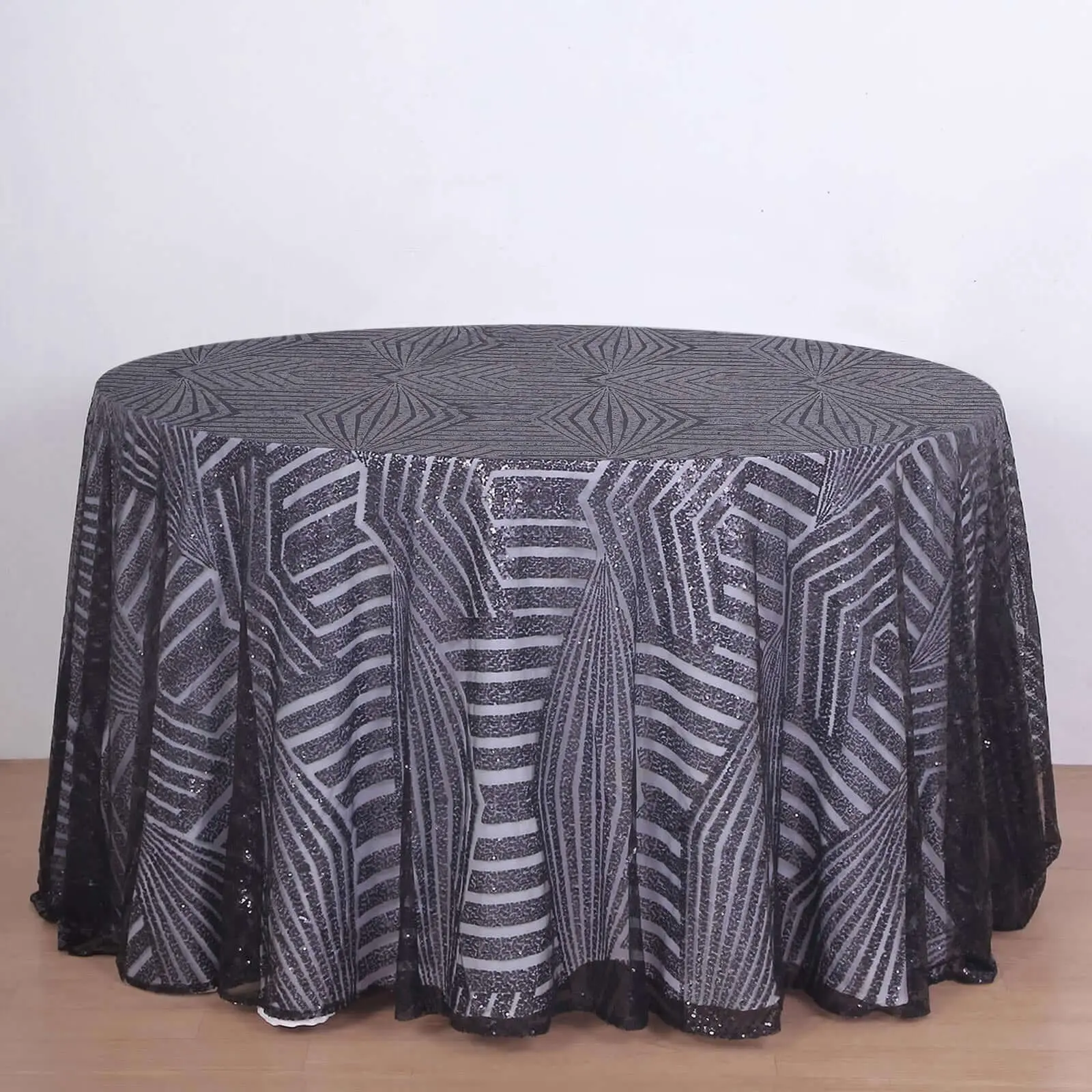 Sequin Round Tablecloth - 120" Black Sequin Finish Kitchen Linen with Seamless Diamond Glitz Design, Modern Elegant Decorations Accessory for Party, Anniversary