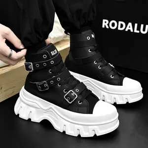 UYCEKK Punk-Style Black And White Two-Tone Thick-Soled Height-Increasing Men'S Motorcycle Boots| Comfortable Inner Lining, Lace-Up Design, Casual High-Top Workwear, Metal Buckle Decorated, All-Season And Rubber