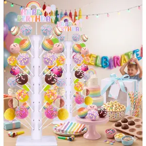 Rustic Wood Cake Pop Stand 2 Pack, Decorative Lollipop Display Holder for Dessert Bar, 60-Hole Wooden Candy Stand for Wedding Reception, Baby Shower & Birthday Table Decor