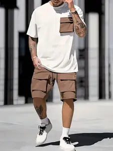 Men's Solid Short Sleeve Tee & Cargo Shorts Set, Regular Fit Casual Round Neck T-shirt & Track Shorts, Summer Outfits Clothes Set for Men, Menswear