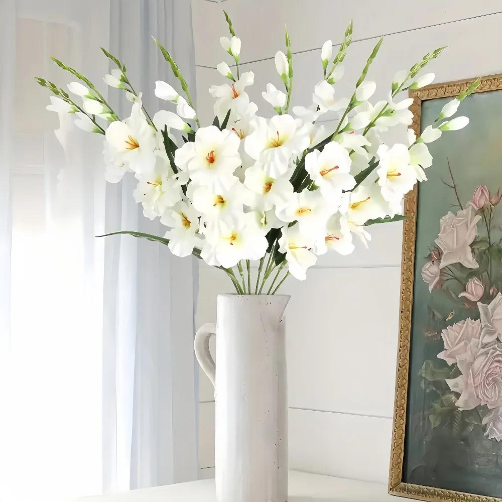 8pcs Artificial Gladiolus Orchid Flower Bouquet |   White Blooms & Green Foliage, Maintenance-Free Lifelike Stems for Weddings