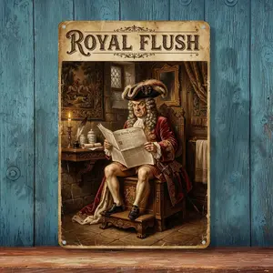 Funny Bathroom Decor Royal Flush King on Toilet Reading Newspaper, Vintage, Retro Humorous Restroom Wall Decor for Men Cave Half Bath Gag Gift, [8x12] Inch