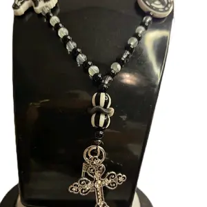 Black and White Horse Themed Beaded Cross Lanyard with Unique Beads and Durable Design for Stylish Accessory