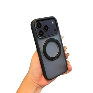 MagSafe Magnetic Phone Case for iPhone 12-17 Pro Max, Smoky Matte Translucent Cover with 360° Rotatable Ring Kickstand, Large Raised Camera Frame, 2-Tone Drop-Proof Shockproof Protective Cover