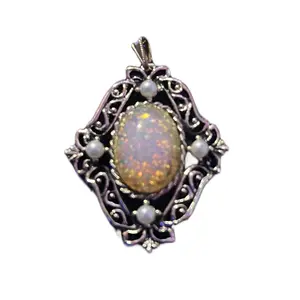 Sarah Coventry Pendant with Oval Gemstone, Decorative Frame, Opal Stone, 4 Small Pearls, Silver Accents, Antique Necklace Design