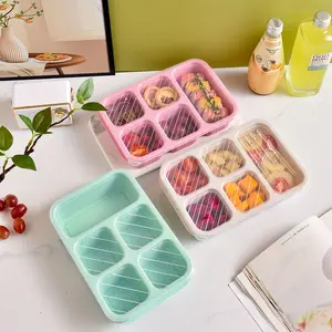 Wheat Straw Bento Box, Multi-Color 5 Compartment Transparent Lid Lunch Container, Leakproof Microwave Safe, Ideal for Office Workers & Students